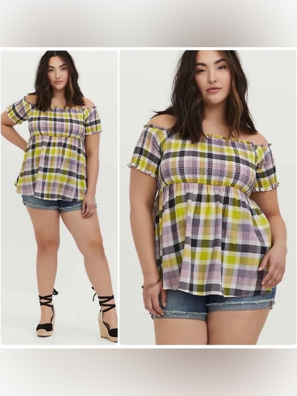 3/$22🩶 Torrid Multicolor Plaid Top Smocked Off Shoulder Peplum Plus 3 3X 22 24